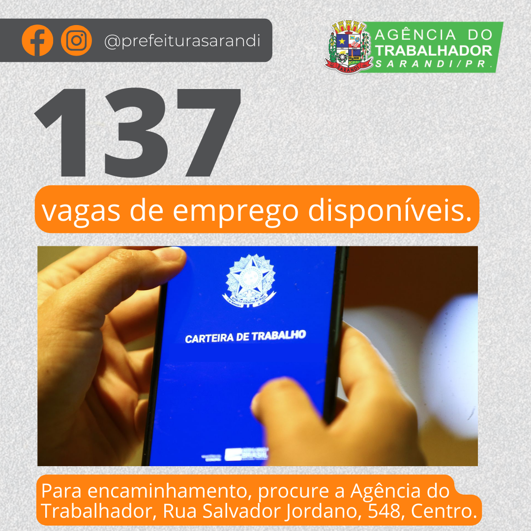 Agência do Trabalhador de Sarandi tem 137 vagas disponíveis para esta semana